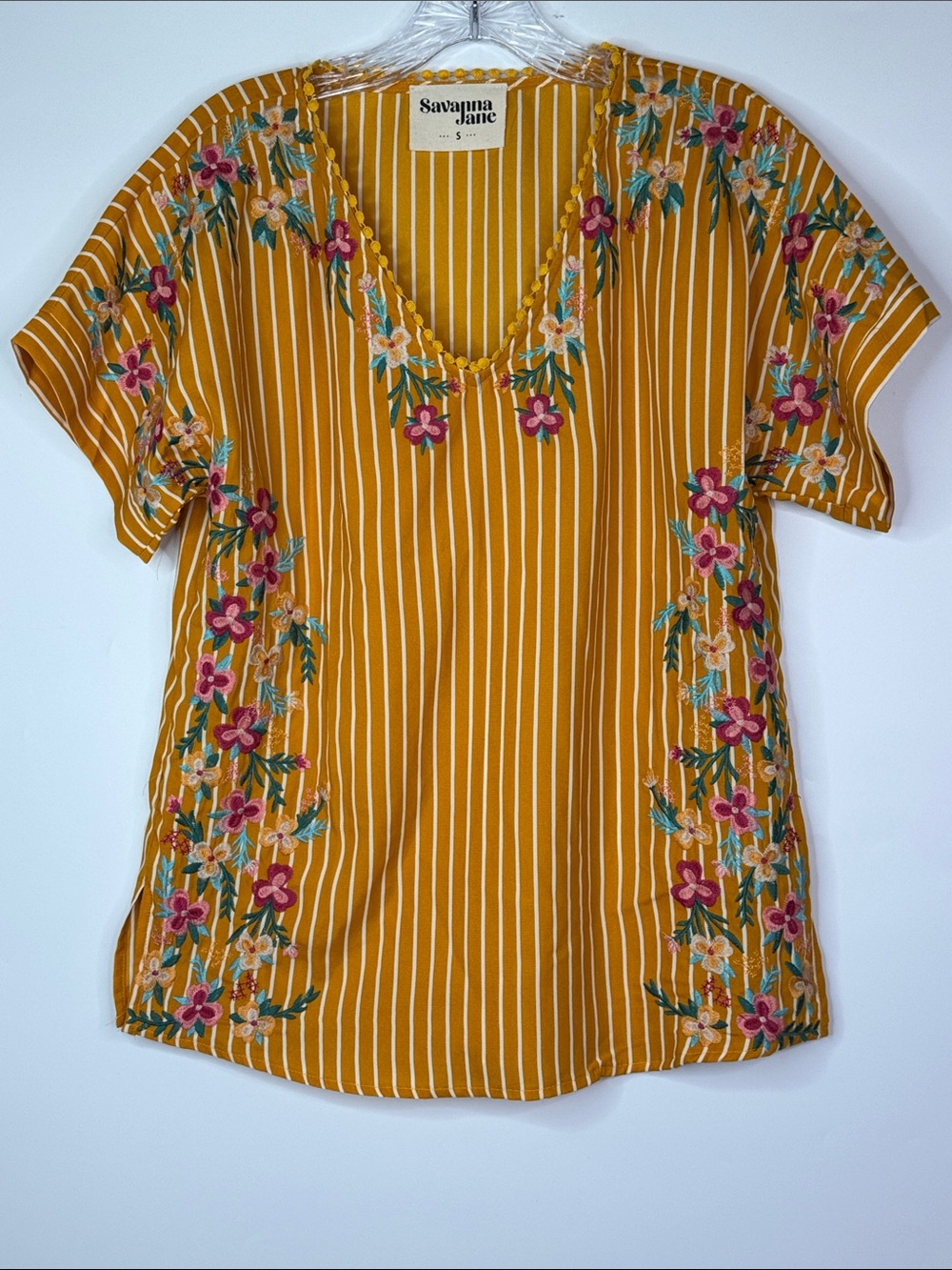 Savanna Jane Yellow Floral Vneck Short Sleeve Shirt Size Small